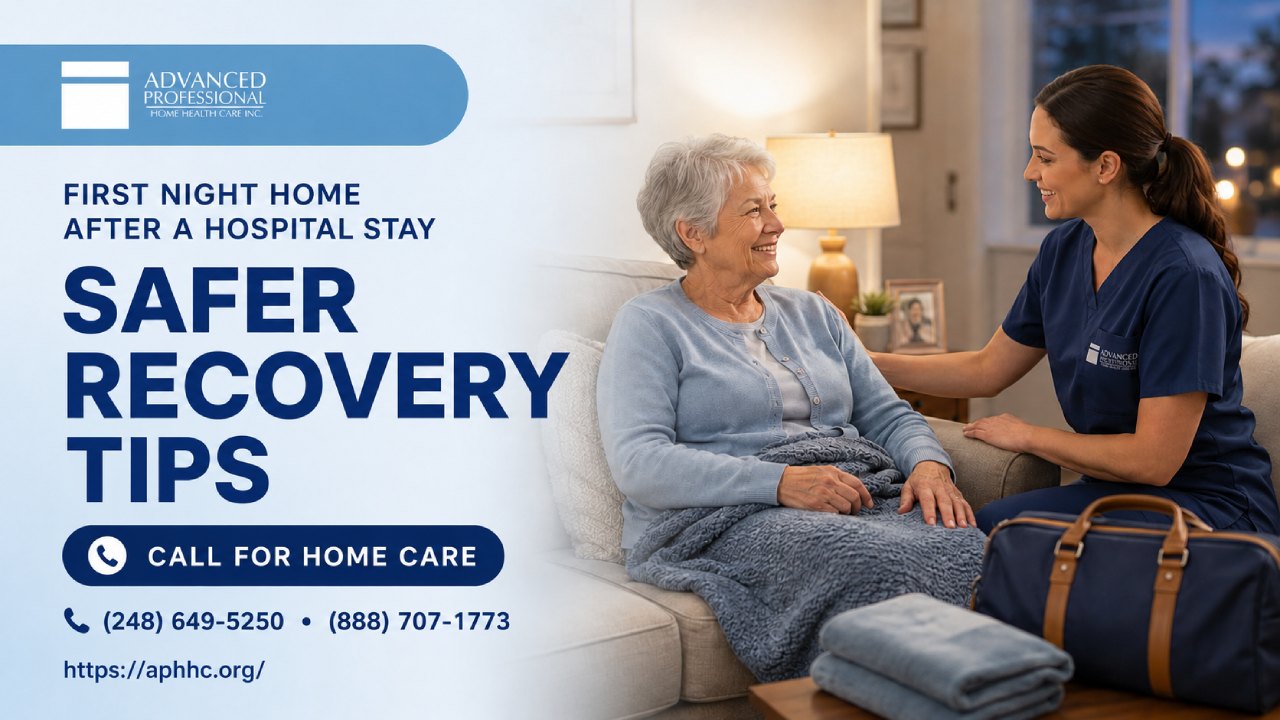 Home care nurse assisting an elderly woman on her first night home after a hospital stay for a safer recovery. Graphic by Advanced Professional Home Health Care with phone number (248) 649-5250 and website aphhc.org.